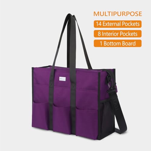 TOPDesign Utility Water Resistant Tote Bag with 22 Pockets, Zipper Closure - color: Purple, size: Medium
