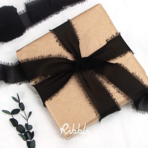 Ribbli Black Chiffon Ribbon - 1.5 inch x 30 Yard Handmade Silk, Fringe Chiffon for Wedding Invitations, Gift Wrapping, Bridal Bouquets, Flower Arrangement - color: Black