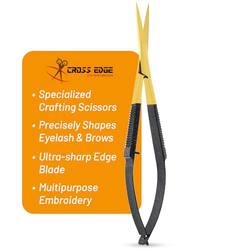 Cross Edge Spring Scissors 5 Inch straight Stainless-Steel Precision Eyebrow & Eyelash Shaping Trimming Scissor, Best for Squeeze Scissors, Embroidery & Knitting Micro Tip Craft (Gold Glitter Black) - color: Cec-ss-06