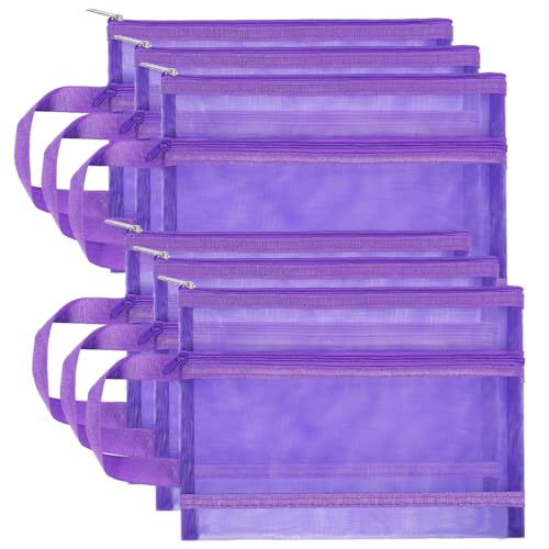 6 Pack Mesh Zipper Pouch Bags, Double Layer Nylon Pouch with Handle for Office Travel Organization (Purple, A4) - color: Purple, size: A4
