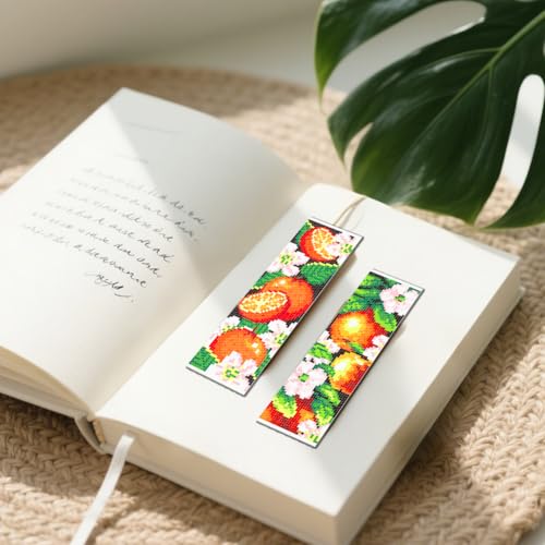 FREEBLOSS 6 Set Cross Stitch Bookmarks Kit Fruit&Flowers Stamped Cross Stitch Kit DIY Embroidery Bookmark Set with Instruction for Adults Beginners Gift for Reading Enthusiasts 8 * 2.4inch 11CT