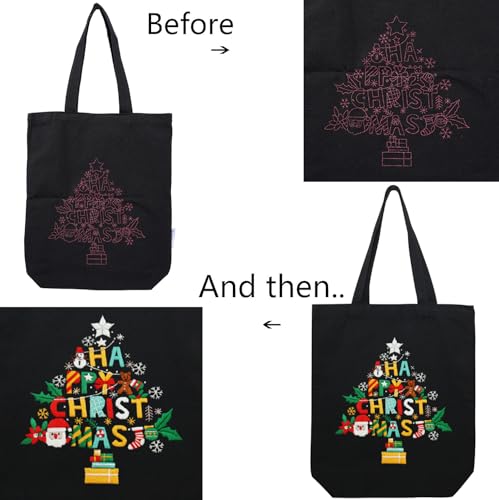 CREAWONDER Canvas Tote Bag Embroidery Kit with Pattern for Beginners, Arts and DIY Embroidery Crafts Kits for Adults, Include Instructions, Thimble, Embroidery Hoops, Color Threads and Tool - color: CR002 Christmas tree black