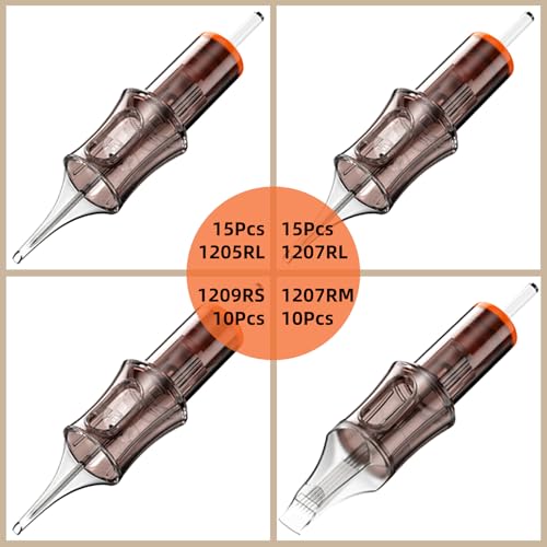 50 Assorted Tattoo Cartridge Needles Mixed Size #12 Round Liner Shader Curved Magnum - 15 Pcs each of 5RL, 7RL - 10 Pcs each of 9RS, 7RM Pro Disposable Membrane Tattoo Needles - size: 50Pcs-1205RL+1207RL+1209RS+1207RM