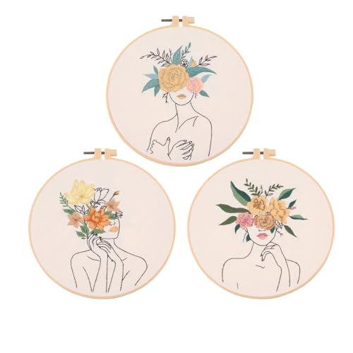 Chenflying Embroidery Starter Kits, 1/3 Sets Art Embroidery Kits for Beginners Adults with Embroidery Hoops Threads Needles and Instructions - color: Beige 2+Beige 3+Beige 4