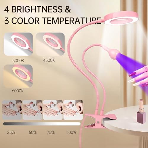 AORAEM LED UV Nail Lamp with Double-Head and 6X Magnifier, Pink - color: Magnifier-Pink