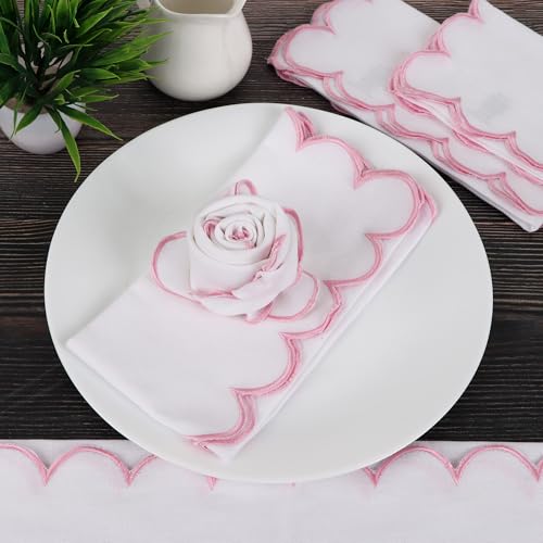 NATURALCRAFT Scalloped Cloth Napkins 18x18 in - White Edges Blush Pink - color: Sl-white Napkin - Blush Pink Edges, size: 18" x 18" (Set of 4)