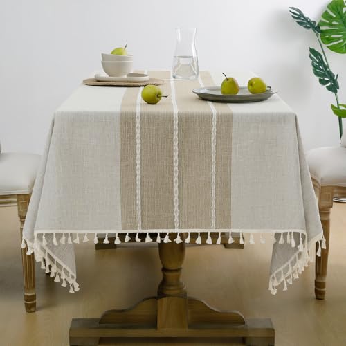 Softalker Fall Linen Rectangle Tablecloth with Tassel, 55 x 84 Inch - color: Coffee Lines, size: 55" x 84" (Rectangular)