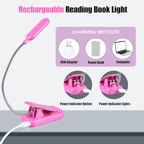 VAVOFO Rechargeable Book Light for Reading in Bed Kids, 7 LED Reading Light with 9-Level Warm Cool White Daylight, Eye Care Lamp with Power Indicator for Bookworms (Rose) - color: Rose
