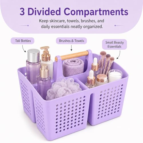 Portable Shower Caddy Basket with 3 Compartments and Handle, Purple - color: Purple