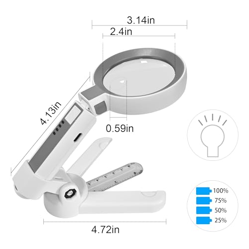 TECHSHARE 6X Rechargeable Magnifying Glass with 16 LED Light, Foldable Handheld Stand, Lightweight LED Magnifier for Reading Books/Newspaper/Small Print, Gifts for Mom Dad Grandma Grandpa Seniors - size: 6X-11.5X