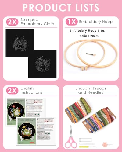 TINDTOP 2 Pack Embroidery Kit for Adult, Embroidery DIY Starter Kit, with Stamped Patterns, Hoop, Tools, Colorful Threads with Needles, Instructions (Frog) - color: Frog