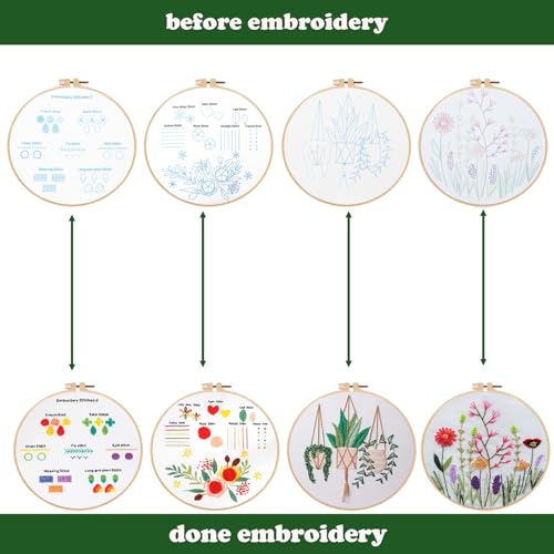Topapfo 4 Pack Flower Embroidery Beginners Kits for Adults, Cross Stitch Starters Kits Needlepoint with Stamped Embroidery Patterns, Hoops, Thread, Needles, Threaders - color: plant