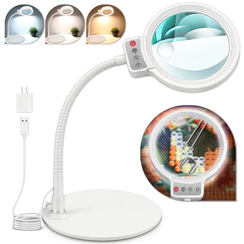 10X 30X Magnifying Glass with Light and Stand, LED Desk Lamp for Close Work - color: White