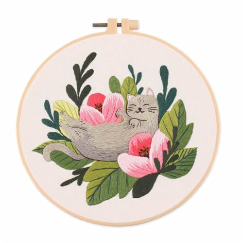 Meecaa Cat Flowers Animal Embroidery Kit Starter Set, Hand Embroidery Set,Pattern Printed Cross Stitch Set for Beginner Adults, with Embroidery Hoop and Instructions (Cat) - color: Cat