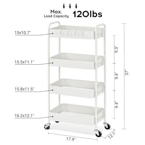 TOOLF 4 Tier Metal Rolling Cart, Utility Storage Cart with Wheels, White - color: White, size: 4-Tier
