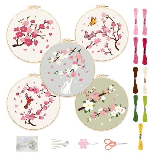 FREEBLOSS 5 Set 8'' Cherry Blossom Embroidery Kit Cross Stitch Kit with Stamped Cherry Pattern Cherry Embroidery Kit for Beginners Instructions Included Embroidery Starter Kit for Adults