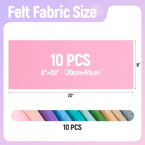 10 Sheets Felt Fabric for Crafts, 8x20 Inch 1.4mm Thick (Pastel) - color: Pastel