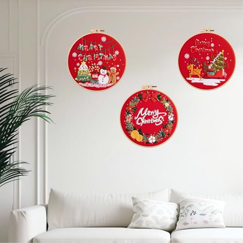 Offizon 3 Sets Embroidery Kit for Beginners Adult DIY Cross Stitches - color: Christmas Red