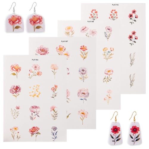 KABAKE Polymer Clay Transfer Paper 4 PCS Colorful Flowers Water Soluble Transfer Sheet for Earrings Jewelry Making - color: Wild Flower