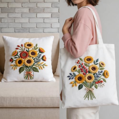 Herdiese Embroidery Kits for Beginners & Adults, 3 Sets Sunflower Patterns - color: Flower-D (3 Pack)