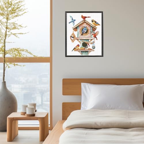 FREEBLOSS Flamingo Cross Stitch Kit Stamped Cross Stitch Wall Hanging Kit for Adults with Instructions Birdhouse and Birds Pure Cotton Cloth Embroidery Kits for Beginnrs No Frame 16 * 20"