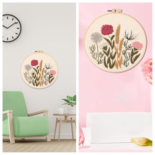 IUHUI Embroidery Kit for Beginners Adults - Thriving Flowers and Plants Easy Patterns, DIY Hand Stitching Embroidery Set with Hoop (Red Pink Flowers) - color: Red Pink Flowers