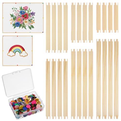 24 Pcs Stretcher Bars for Needlework with 100 Tacks, 6 Sizes Wooden Canvas Splicing Needlepoint Stretcher Bars Frame Set for Embroidery & Craft Supplies