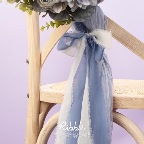 Ribbli Chiffon 1.5 Inch x 30 Yard Handmade Silk Ribbon - Ivory/Sage Green/Dusty Blue Fringe for Wedding Invitations, Bridal Bouquets, Wrapping, Flower Arrangement Decoration - color: Ivory/Sage Green/Dusty Blue