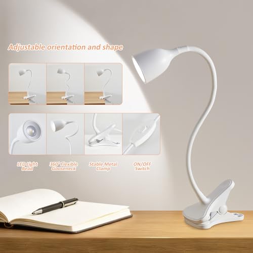 EJIAXIN Desk Lamp for Home Office - Clip on Reading Light and Bed Headboard Clamp Lamp, Bedside Gooseneck Table Lamp, Clip on Desk Lamps, Eye-Caring Desk Lamp for College Dorm Room Study Lamp, White