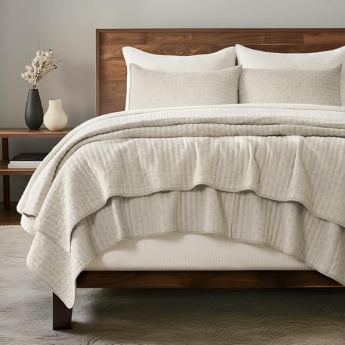 EVERGRACE 100% Cotton Cross Stitch 3-Piece Quilt Set, King, Flax Beige - color: Flax Beige, size: King/Cal King (108" X 96")
