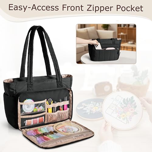 LUXJA Large Puffy Embroidery Bag with Multiple Pockets, Black