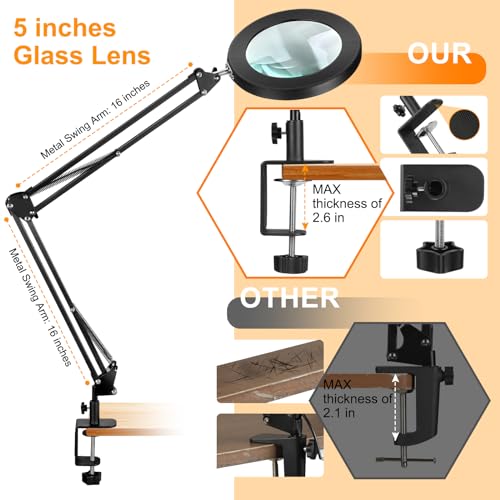 Large 15X Magnifying Glass with Light, 5 in Real Glass Stand Lighted Magnifier, 3 Color Modes Steepless Dimmable LED Magnifying Desk Lamp with Clamp, Hands Free for Close Work Crafts Hobby