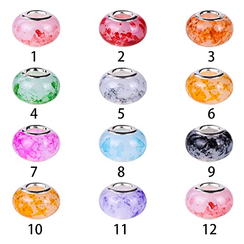 100 Pieces 14mm European Large Hole Spacer Beads Mix Color with Silver Brass Cores Assortments Charm Lampwork Beads Supplies for Necklace Bracelets Jewelry Making (Jelly Bottom Spray) - color: Jelly bottom spray