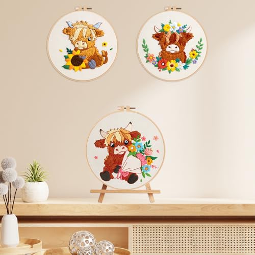 Nuberlic 3 Pack Embroidery Kit for Beginners, Highland Cow Embroidery Kits - color: Highland Cow