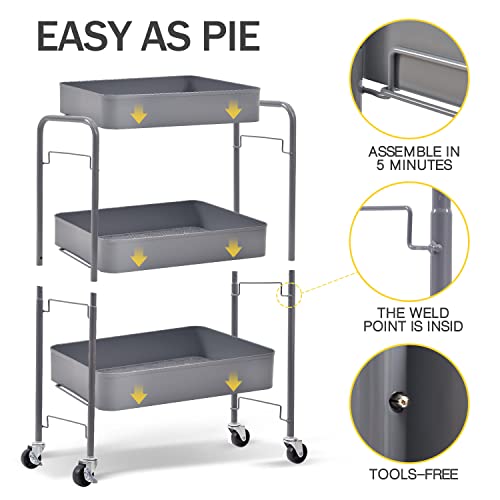 TOOLF 3 Tier Metal Rolling Cart, Utility Storage Cart with Wheels, Grey - color: Grey, size: 3-Tier