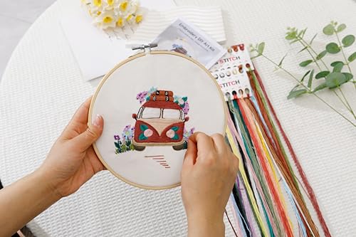 Looples Embroidery Kit for Beginners and Adults with Video Tutorials - Complete Embroidery Starter Kit with 3 Stamped Floral Patterns, Hoops, Threads, Needles, and Instructions (Car, Globe and Camera) - color: Car, Globe and Camera