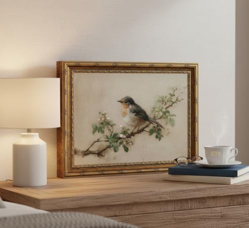 Gold Framed Vintage Robin Bird Canvas Wall Art Farmhouse Cottage Neutral Bird Paintings Pictures Wall Decor Posters Prints Artwork for Bedroom Office Gallery Home Decoration - color: Robin, size: 16"L x 12"W