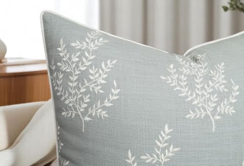 VAGMINE Embroidered Fern Leaf 18x18 Throw Pillow Cover, Robins Egg - color: Robins Egg-leaves, size: 18" x 18" (Pack of 1)