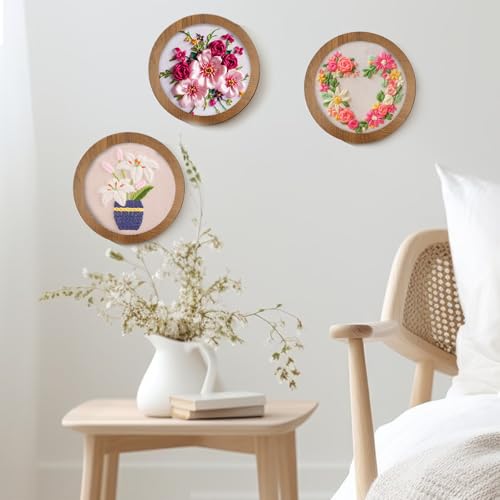 3 Sets 6 Inch Wood Embroidery Display Frame with Bamboo Embroidery Hoops