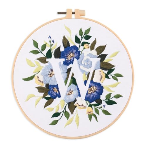 IUHUI Embroidery Kit for Beginners Adults - 26 Floral Letters Easy Patterns, DIY Hand Stitching Embroidery Set with Hoop (Flower and Grass Letter W) - color: Flower and Grass Letter W
