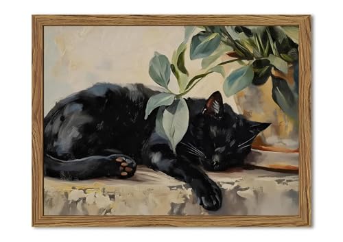 Framed Black Cat Canvas Wall Art, Vintage Sleeping Cat with Plant Picture Wall Decor Paintings, Cute Animal Poster Prints Rustic Aesthetic Home Decor for Living room Bedroom Bathroom 16x24 inch - color: Black Cat, size: 24"L x 16"W