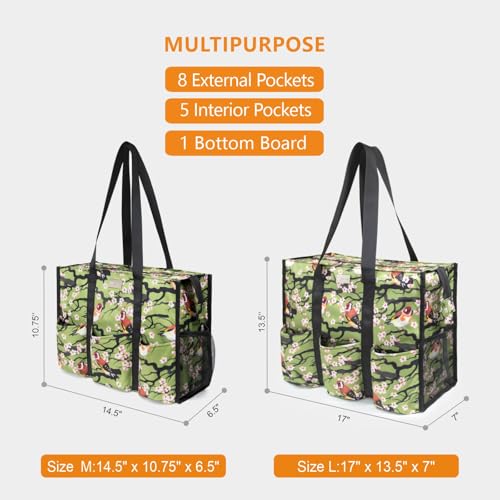 TOPDesign Utility Water Resistant Tote Bag with 13 Pockets, Zipper Closure - color: Bird, size: Large