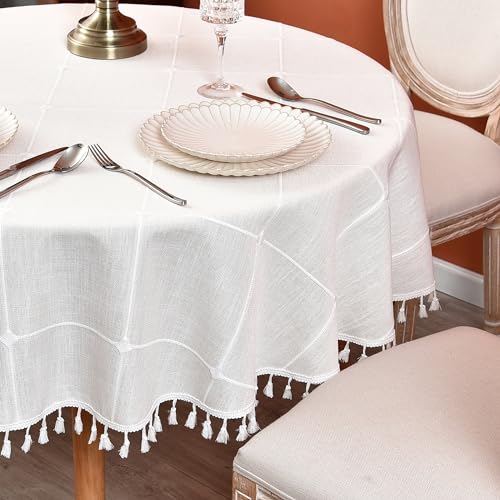 Plaid Round Tablecloth 60 Inch Cotton Linen Round Table Cloth - color: Off-white, size: 60" (Round)