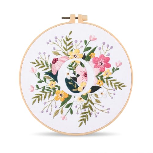 Harimau Letter Pattern O Embroidery Kit for Adult Beginners, Complete Starter Pack with 1 Hoop, Needles, Instruction Guide & Embroidery Stitch Video Tutorials - color: O