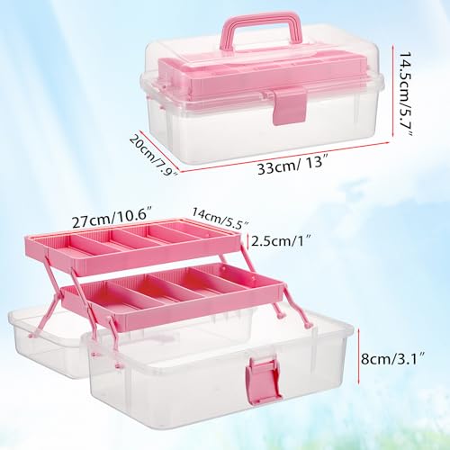 BTSKY 3-Layer Clear Plastic Dividing Storage Box Craft Organizer and Storage with Adjustable Spacers Portable Handled Art Supply Organizer Multipurpose Home Utility Box Sewing Organizers (Pink) - color: Clea+Pink