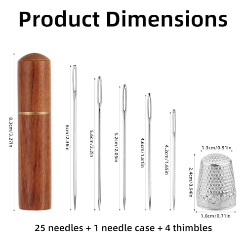 30pcs Large Eye Sewing Needles Kit, Stainless Steel Large Eye Embroidery Needles with Case and 4 Thimbles for Crochet Darning Yarn Knitting and Embroidery Projects