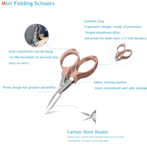 YVAOG Mini Folding Scissors, Safe Portable Safe Portable Travel Mini Scissors, Stainless Steel Retractable Small Scissors for Home Office, 2 Piece Set (rose gold) - color: Rose Gold
