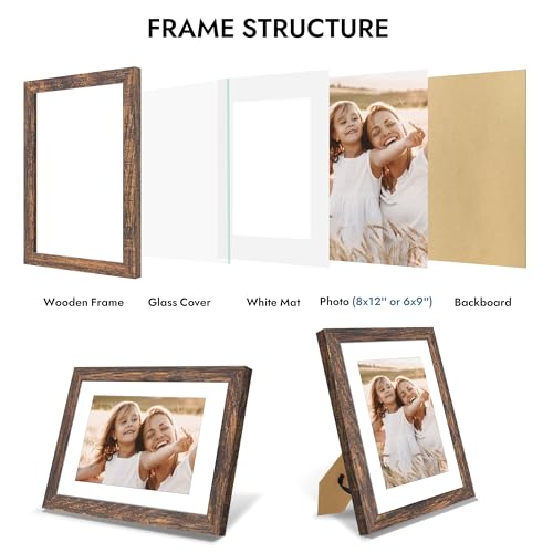 Hongkee 8x12 Picture Frame with Real Glass, Wood Frame 1 Pack(with Mat 6x9) - color: Rustic Brown, size: 8X12 in
