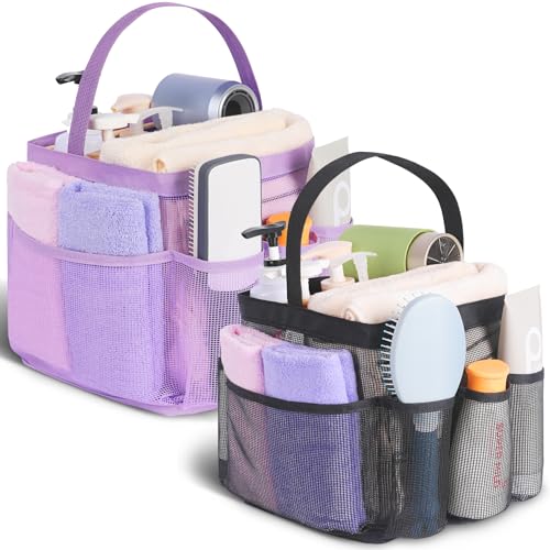 EUDELE 2 Pack Mesh Shower Caddy Portable for College Dorm Room Essentials, Shower Caddy Dorm with 9-Pocket Large Capacity,Shower Bag for Beach,Swimming,Gym All Black+All Pink - color: All Black+All Purple