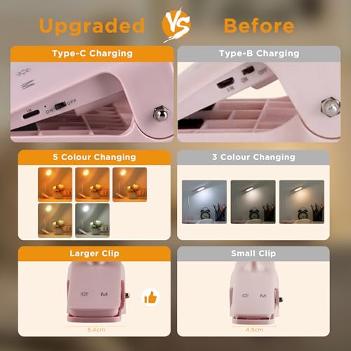 Akynite Clip on Light LED Desk Lamp 5 Brightness+5 Colors Rechargeable Lamp - color: Pink